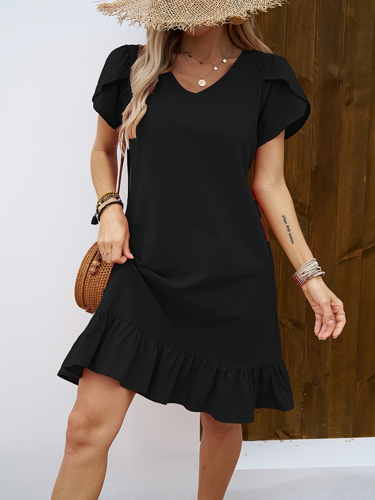 Virginie | Women's Ruffled V-Neck Flutter Sleeve Mini Dress