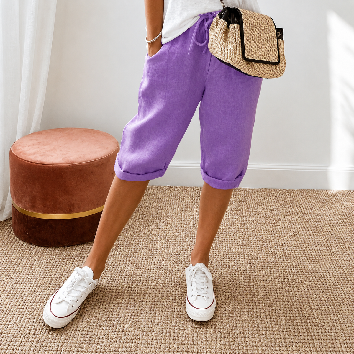 Elena | Women's High-Waist Cropped Trousers with Drawstring Waist