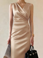 Maline | Women's Draped V-Neck Satin Midi Dress