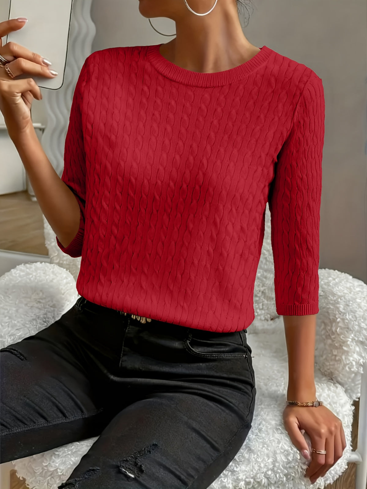 Kristin | Women's Ribbed Crew Neck Three-Quarter Sleeve Sweater