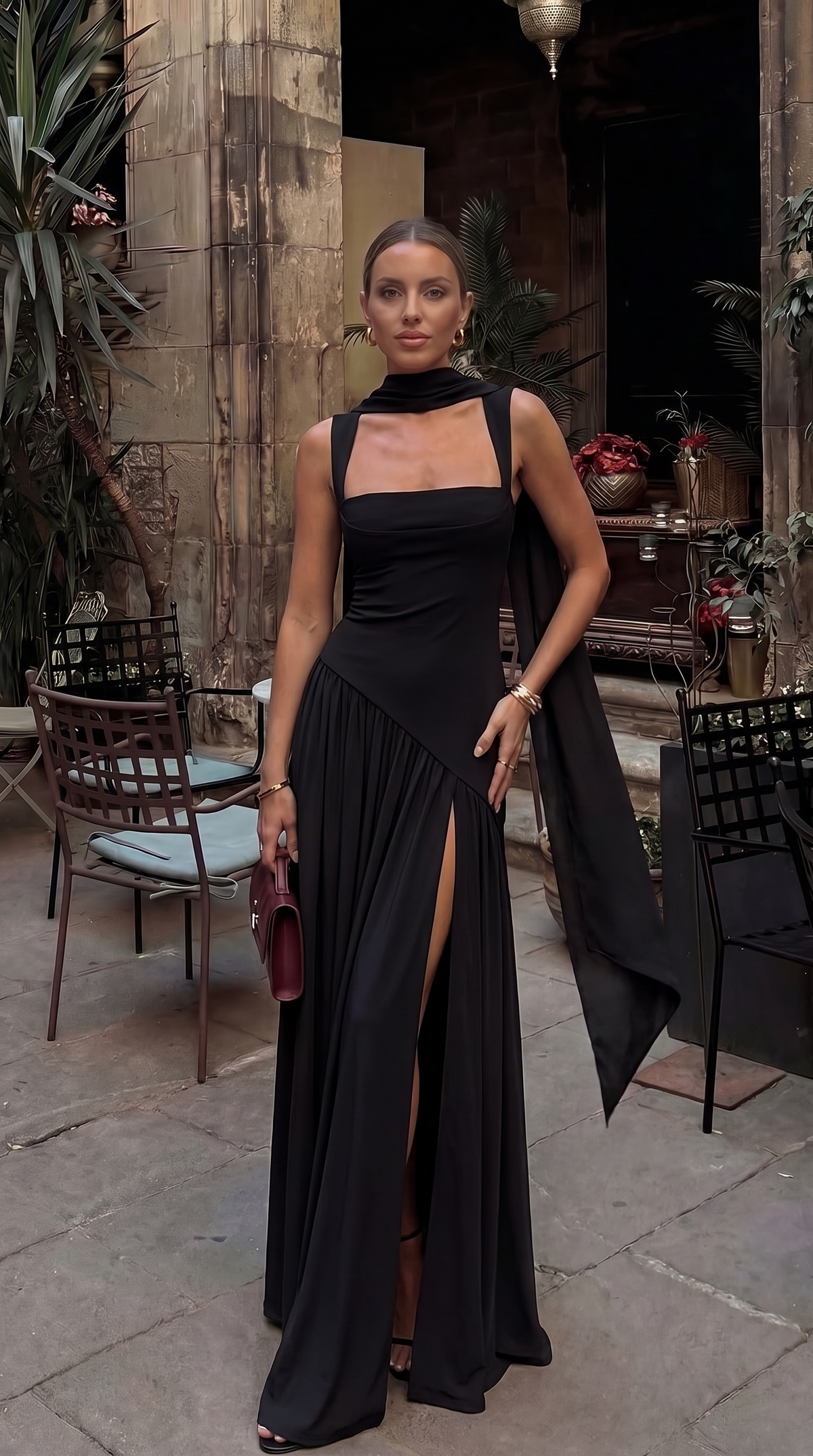 Annelise | Women's Square Neck Maxi Dress with Thigh Split