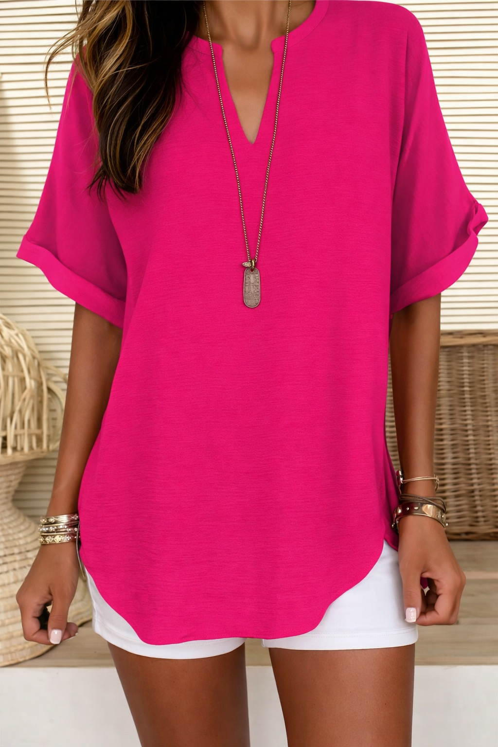 Arianne | Women's V-Neck Short Sleeve Relaxed Fit Blouse