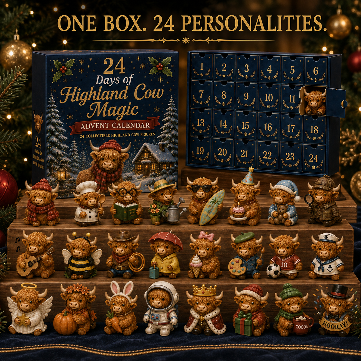 Carolyn | Highland Cow Advent Calendar Christmas Gift, 24 Figures