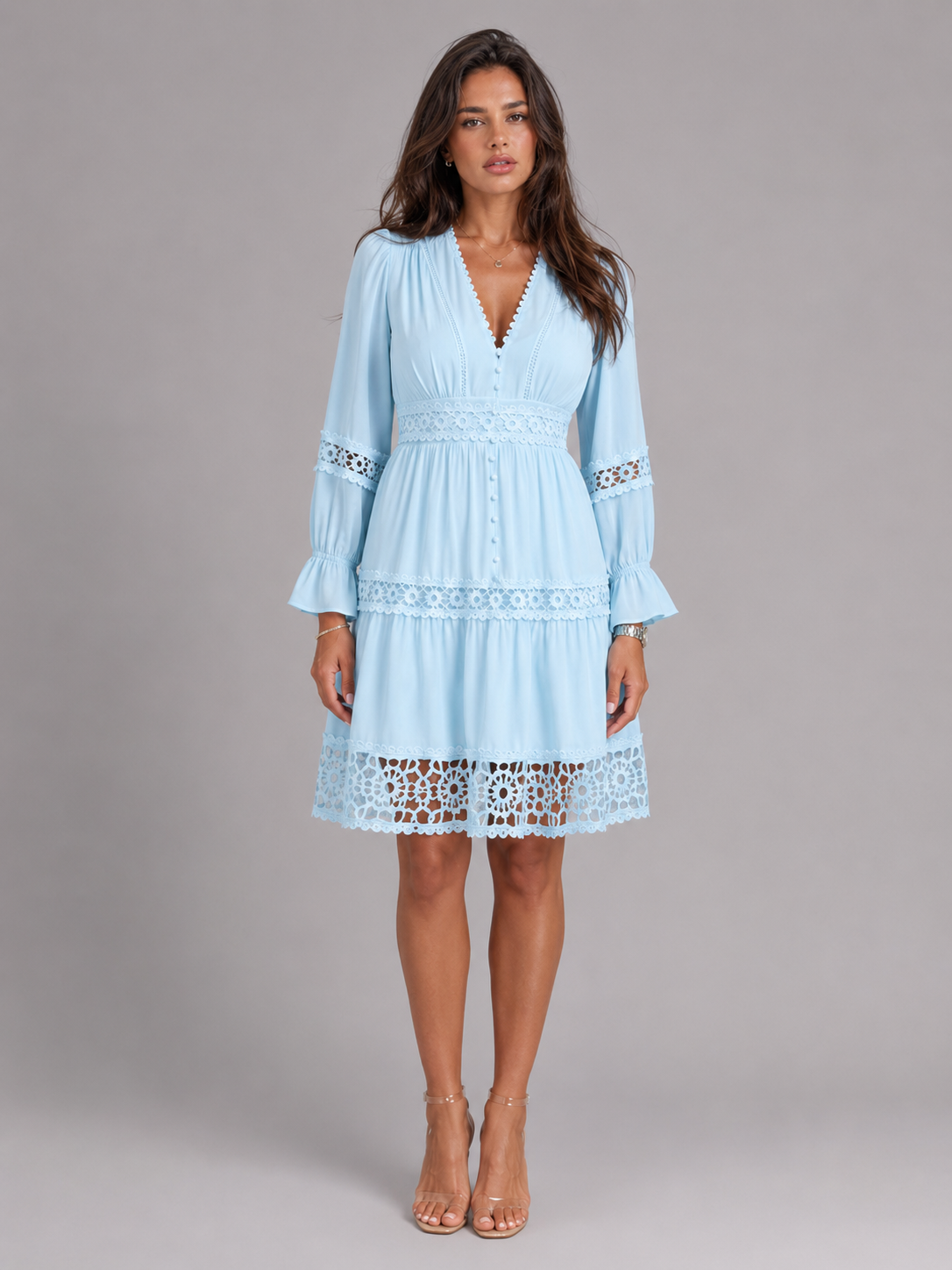Sibylle | Women's Lace Trim V-Neck Tiered Midi Dress