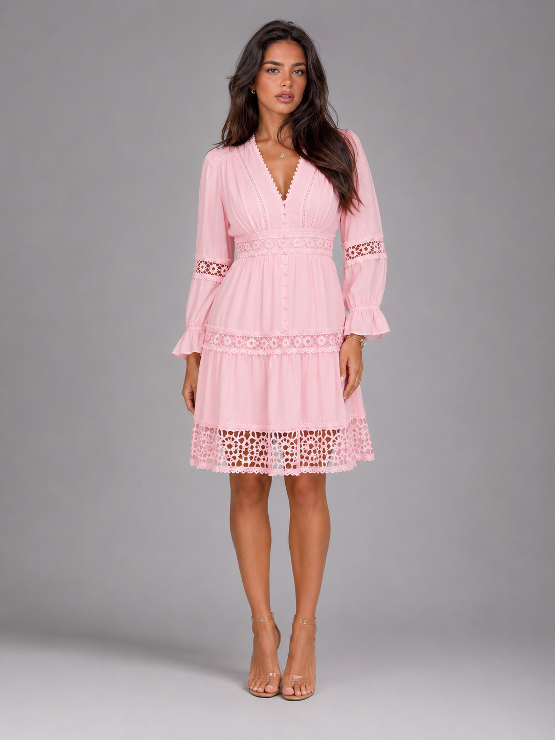 Sibylle | Women's Lace Trim V-Neck Tiered Midi Dress