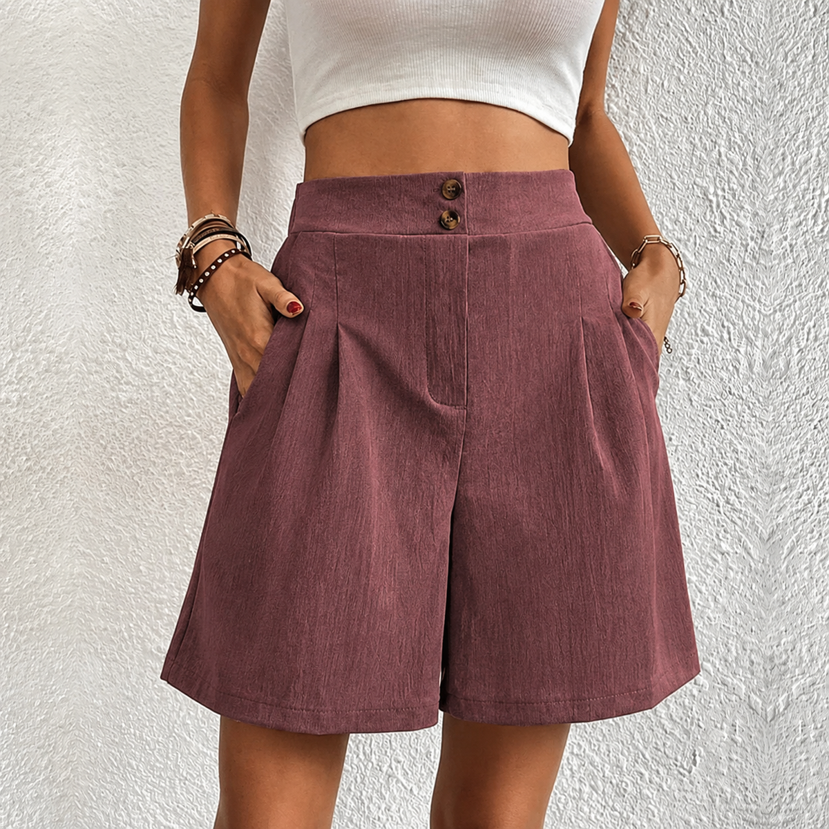 Nadia | Women's Wide-Leg High-Waist Pleated Shorts with Pockets