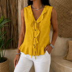 Leontine | Women's Ruffle V-Neck Peplum Blouse with Bow Tie