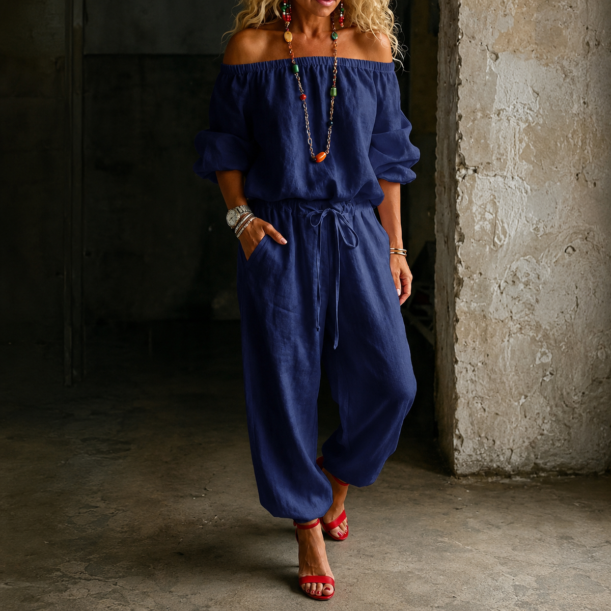 Rita | Women's Off-Shoulder Belted Jumpsuit with Ankle Cuff