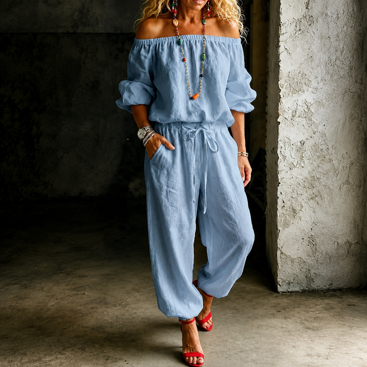 Rita | Women's Off-Shoulder Belted Jumpsuit with Ankle Cuff