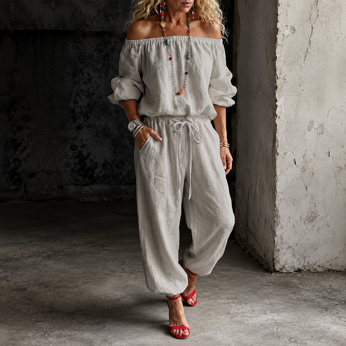 Rita | Women's Off-Shoulder Belted Jumpsuit with Ankle Cuff