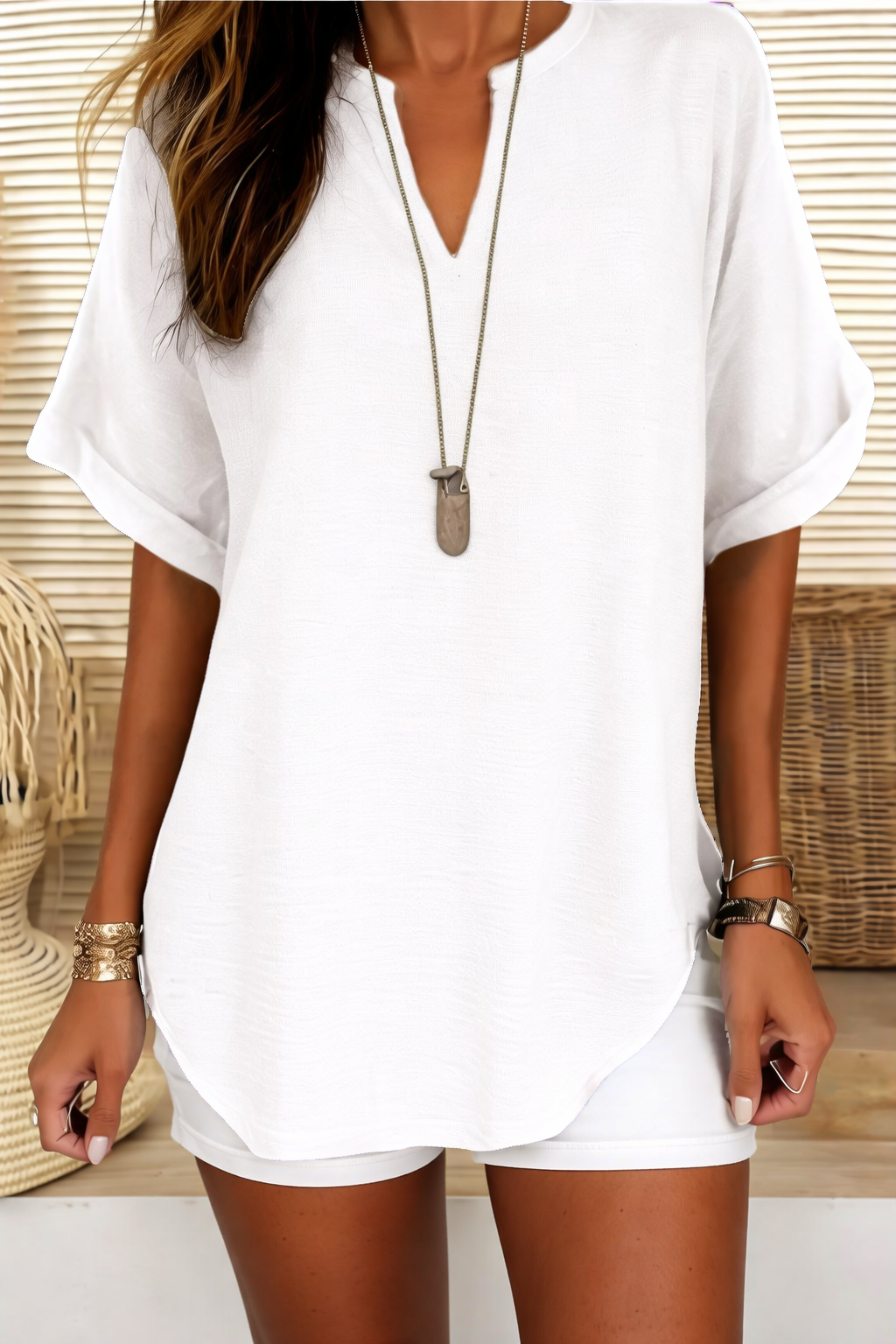 Arianne | Women's V-Neck Short Sleeve Relaxed Fit Blouse