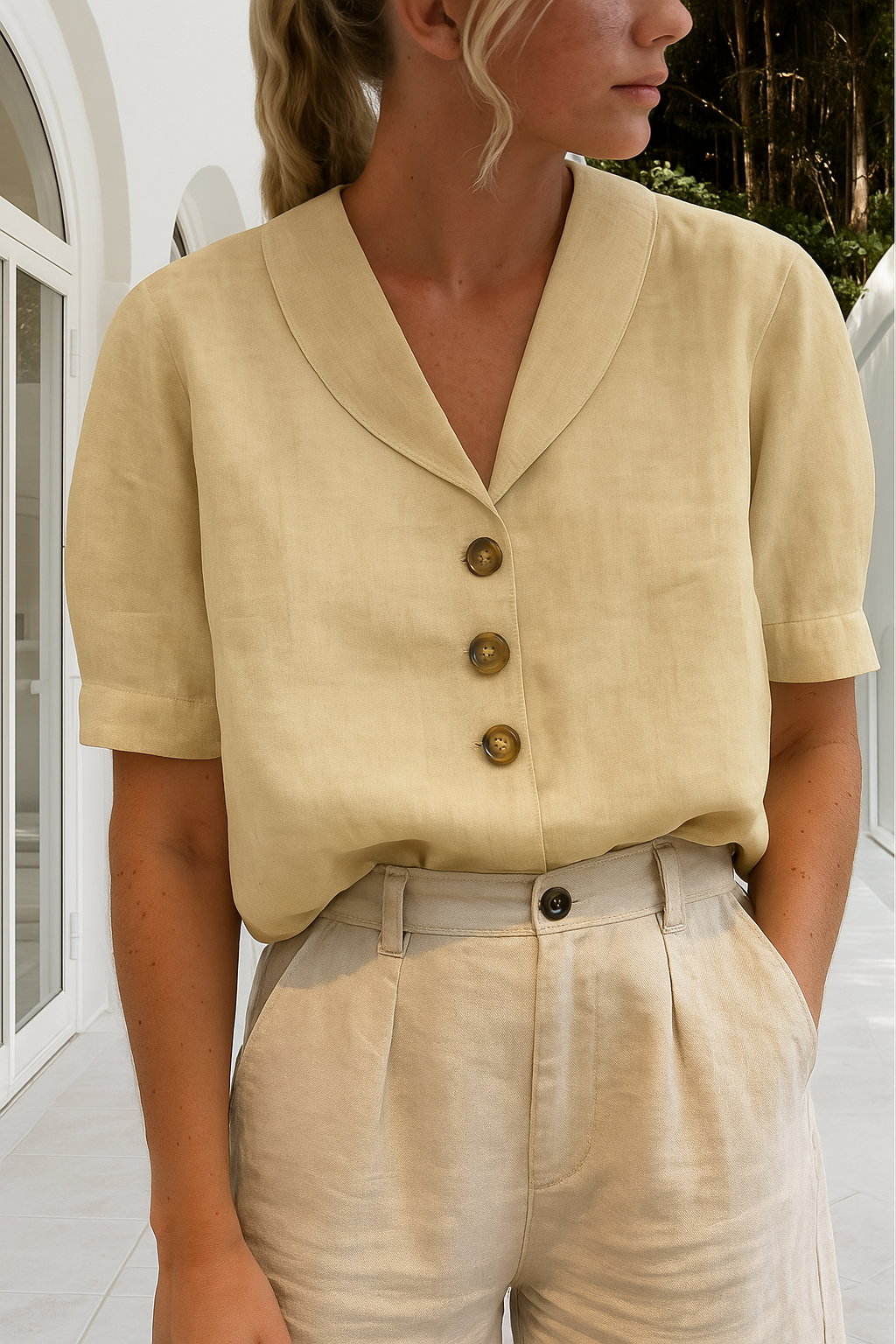 Catelijn | Women's V-Neck Short Sleeve Button-Down Blouse