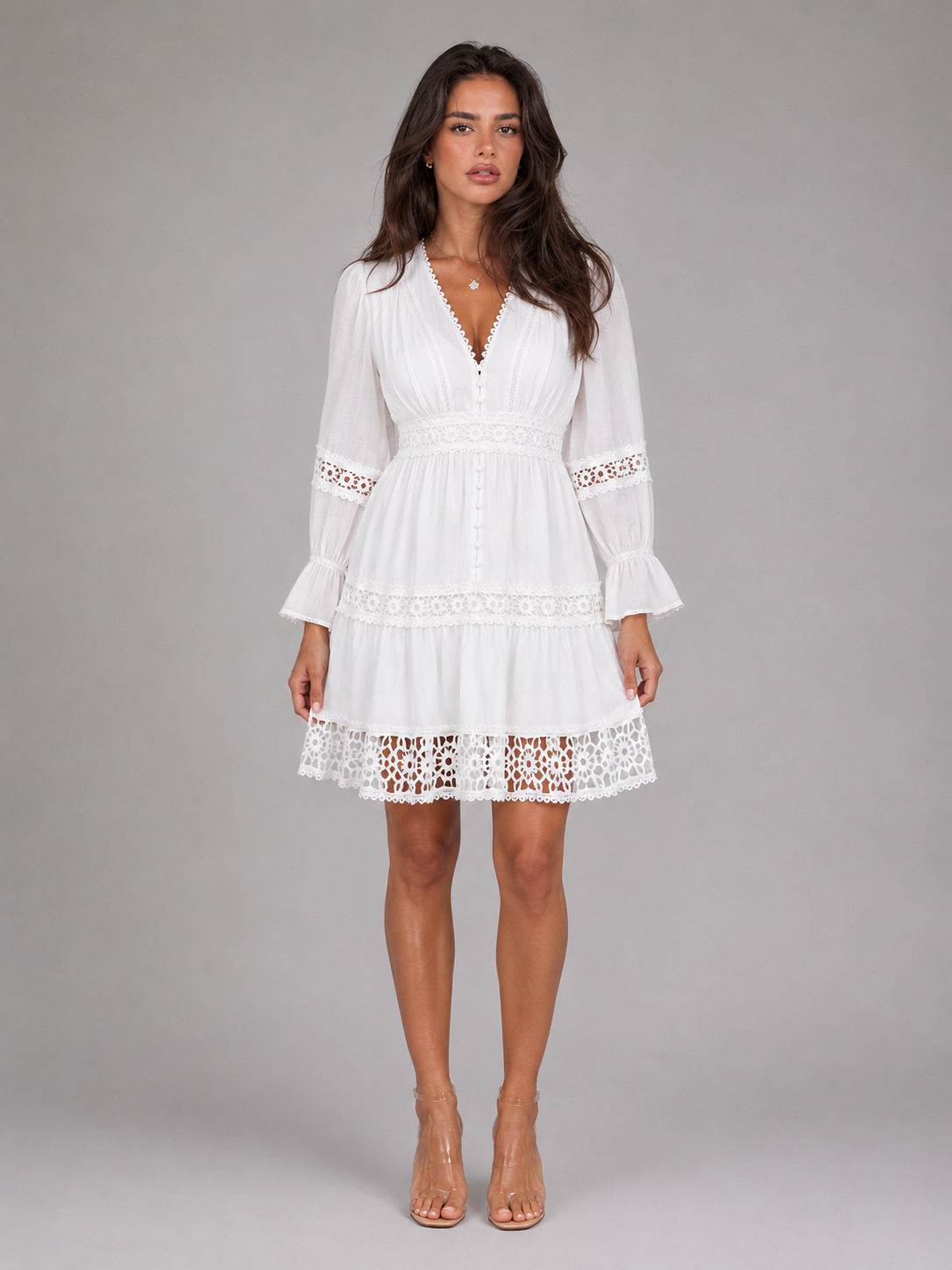 Sibylle | Women's Lace Trim V-Neck Tiered Midi Dress
