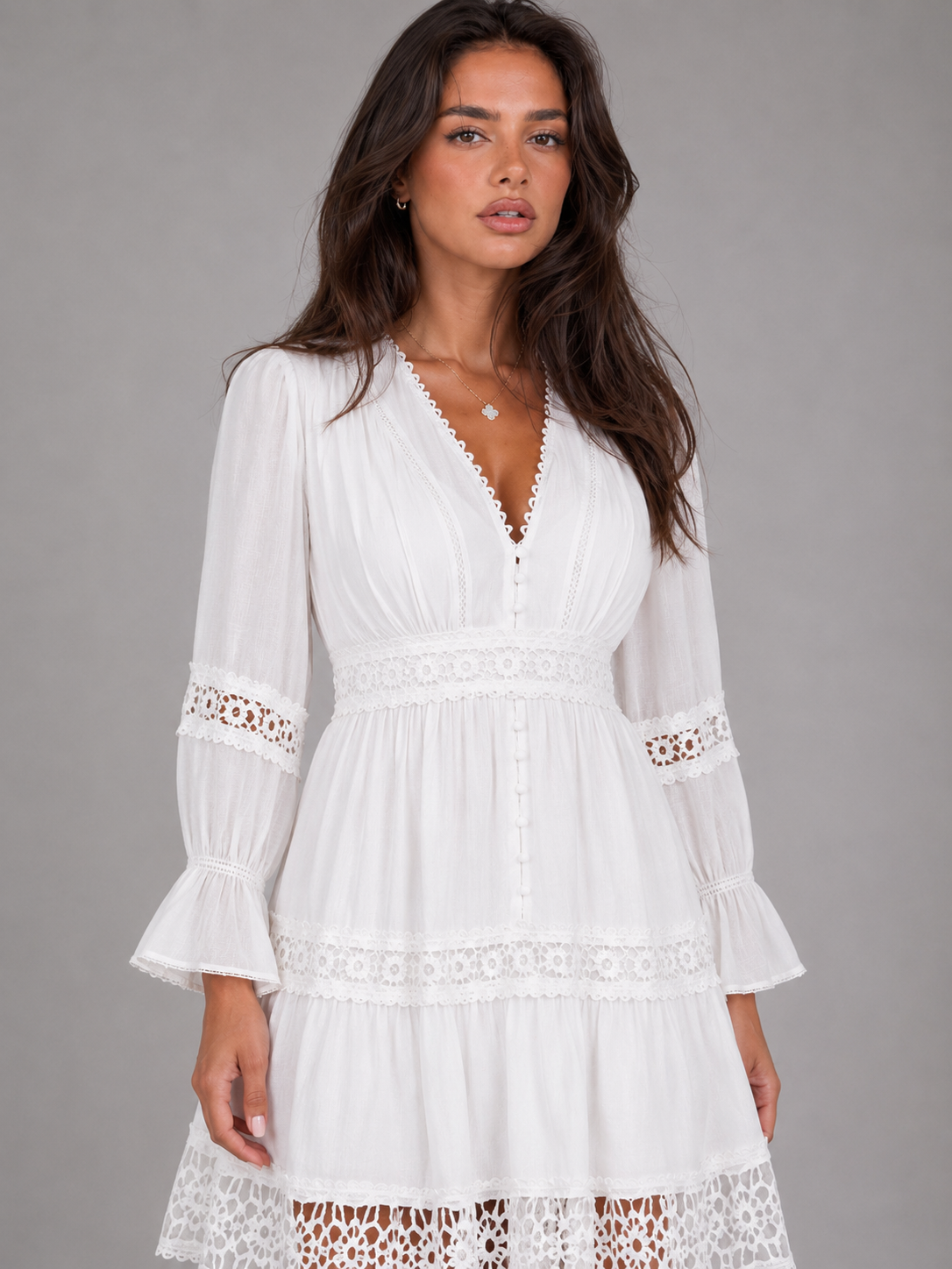 Sibylle | Women's Lace Trim V-Neck Tiered Midi Dress