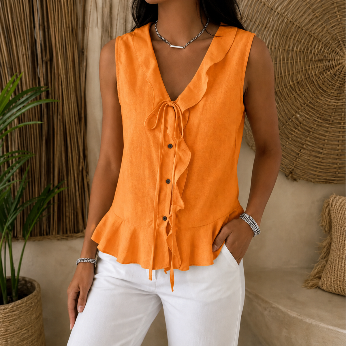 Leontine | Women's Ruffle V-Neck Peplum Blouse with Bow Tie