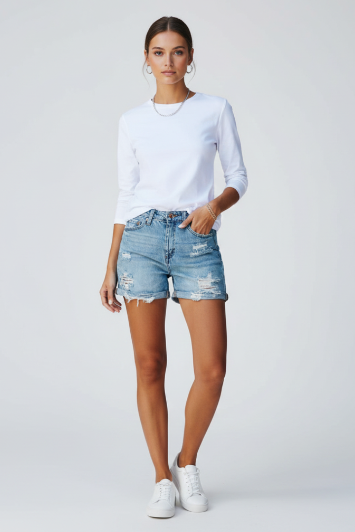 Aliette | Women's High-Waist Denim Shorts with Fringe Hem