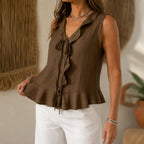 Leontine | Women's Ruffle V-Neck Peplum Blouse with Bow Tie