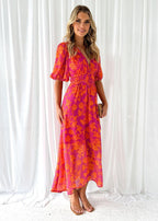 Aafke | Women's Floral V-Neck Puff Sleeve Midi Dress