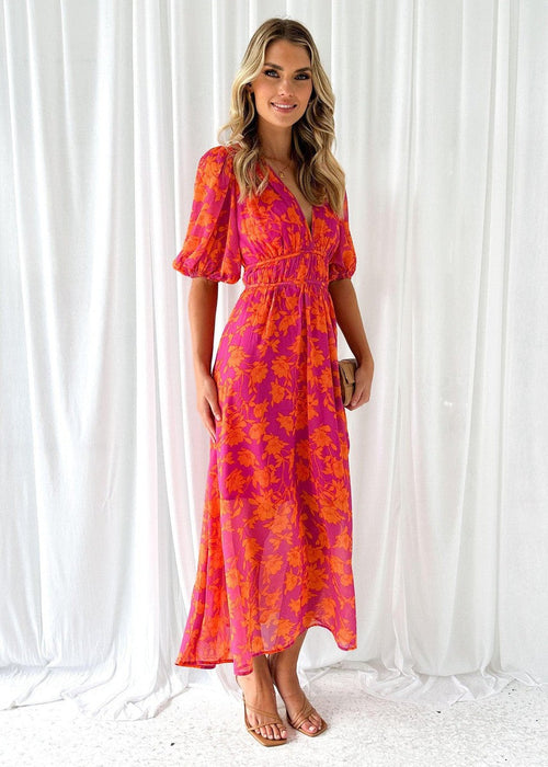 Aafke | Women's Floral V-Neck Puff Sleeve Midi Dress