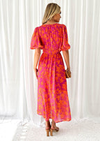 Aafke | Women's Floral V-Neck Puff Sleeve Midi Dress