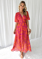 Aafke | Women's Floral V-Neck Puff Sleeve Midi Dress