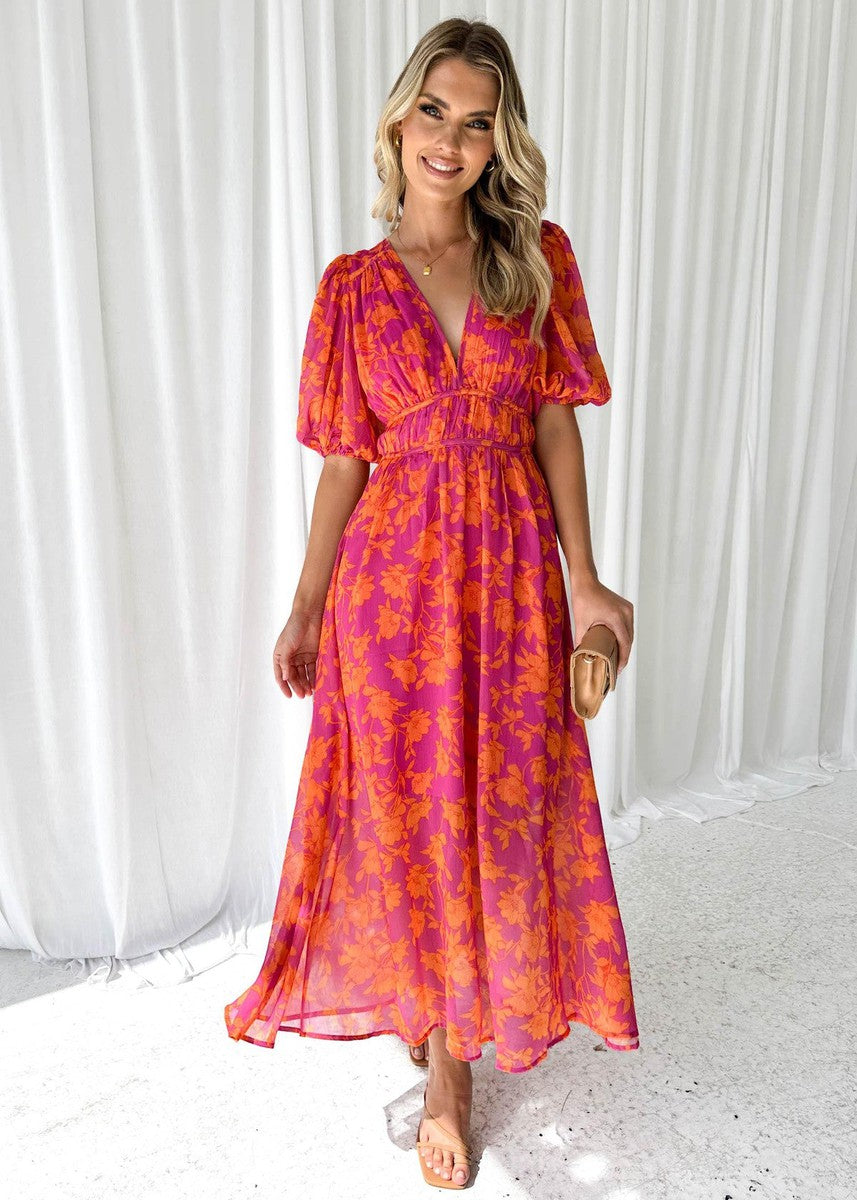 Aafke | Women's Floral V-Neck Puff Sleeve Midi Dress