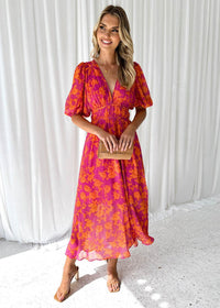 Aafke | Women's Floral V-Neck Puff Sleeve Midi Dress