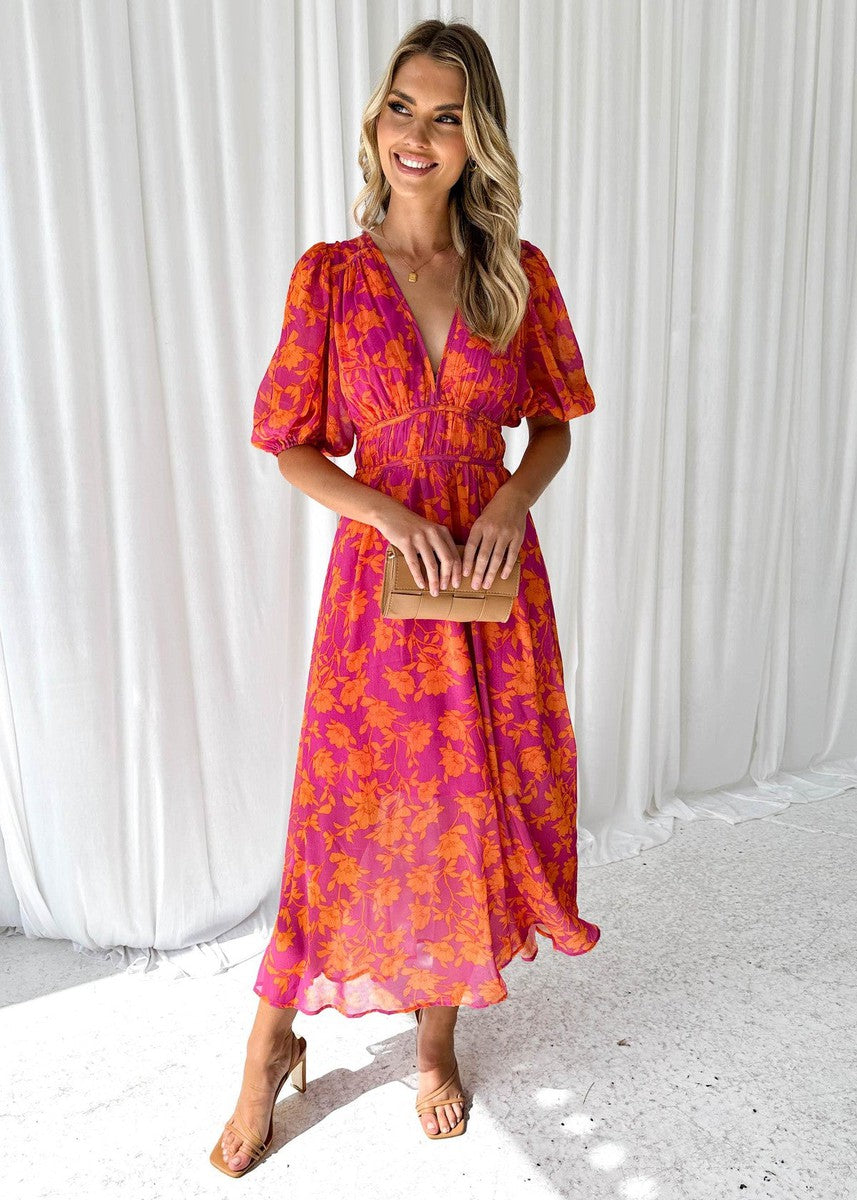 Aafke | Women's Floral V-Neck Puff Sleeve Midi Dress