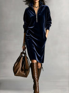 Alina | Women's Velvet Zip-Collar Maxi Dress with Pockets