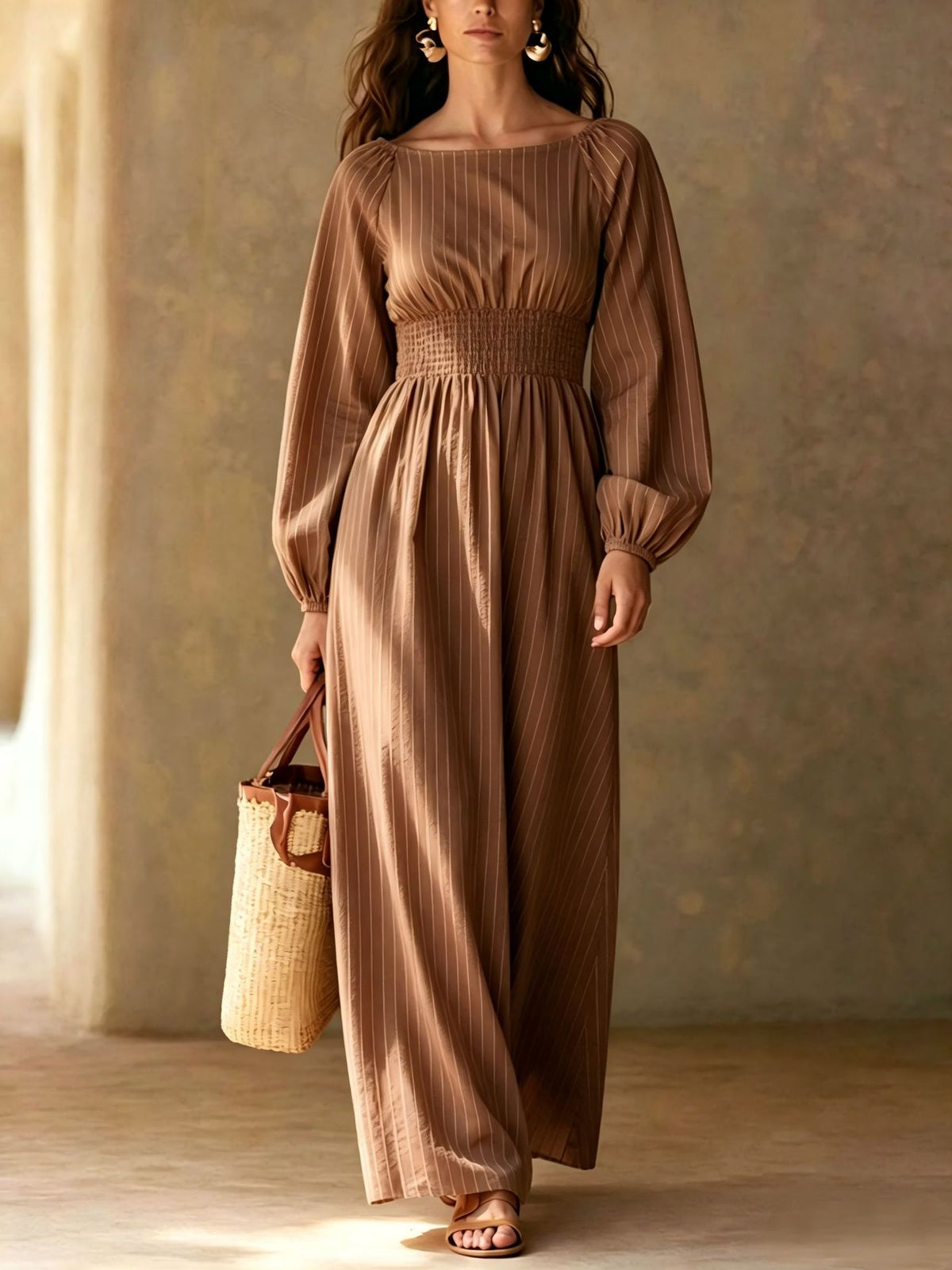 Lucienne | Women's Striped A-Line Puff-Sleeve Maxi Dress