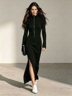 Marlyn | Women's Ribbed Zip-Front Sweater Dress with Side Slit