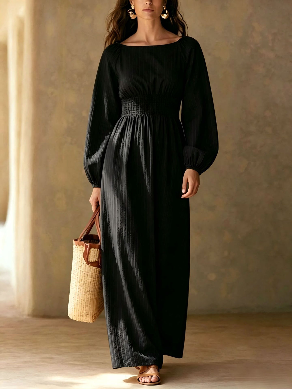 Lucienne | Women's Striped A-Line Puff-Sleeve Maxi Dress