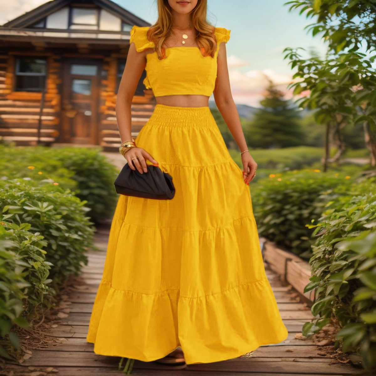 Lieske | Women's Tiered Ruffle-Strap Crop Top & Maxi Skirt Set