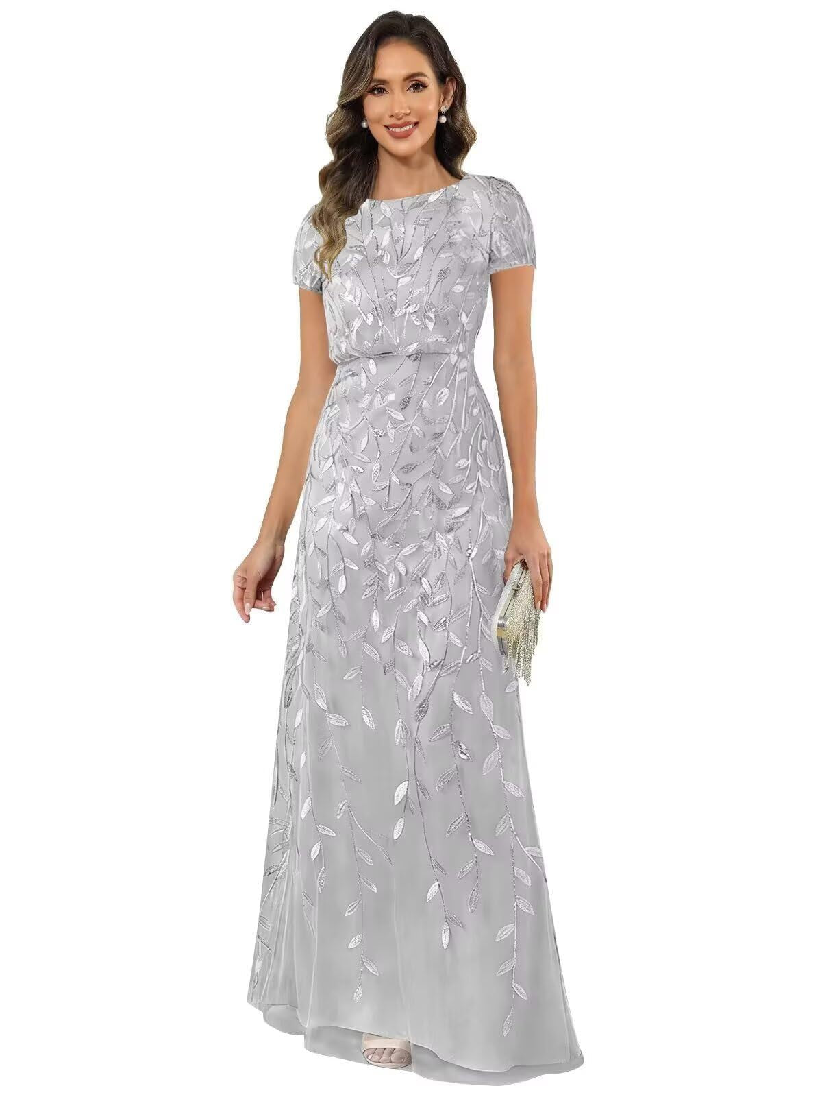 Fabiola | Women's Sequin Leaf Maxi Dress with Puff Sleeve