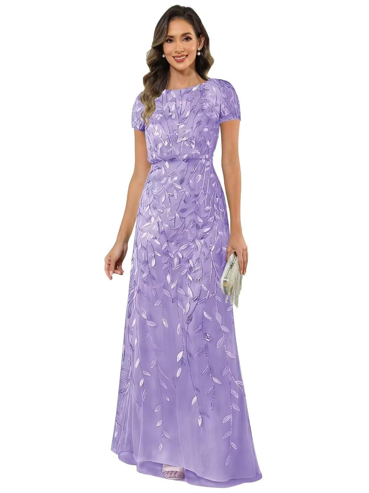 Fabiola | Women's Sequin Leaf Maxi Dress with Puff Sleeve
