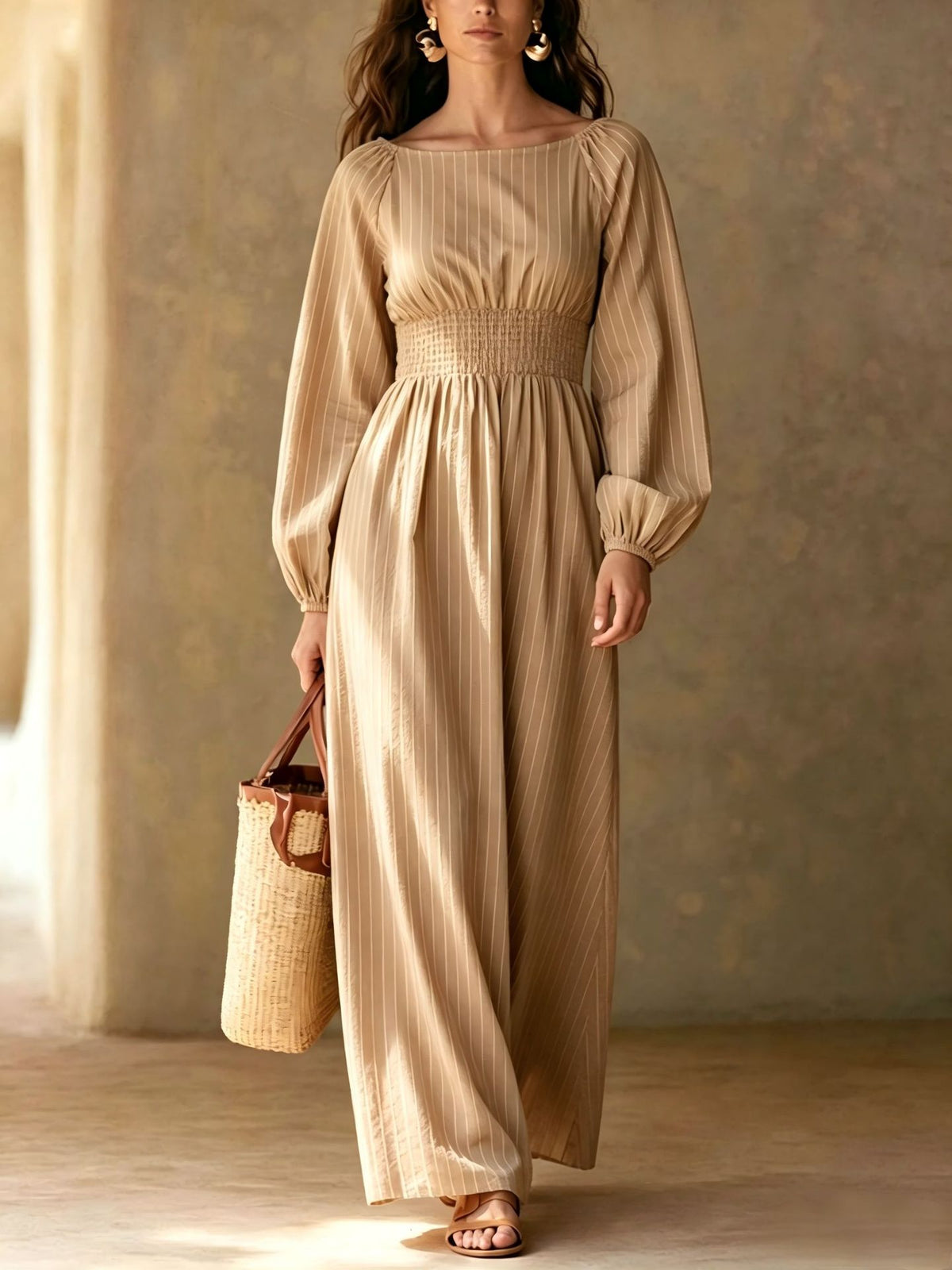 Lucienne | Women's Striped A-Line Puff-Sleeve Maxi Dress