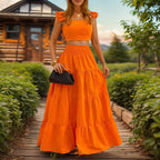 Lieske | Women's Tiered Ruffle-Strap Crop Top & Maxi Skirt Set