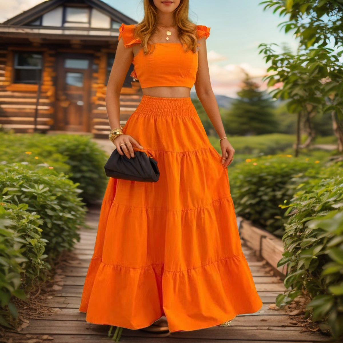 Lieske | Women's Tiered Ruffle-Strap Crop Top & Maxi Skirt Set