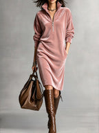Alina | Women's Velvet Zip-Collar Maxi Dress with Pockets