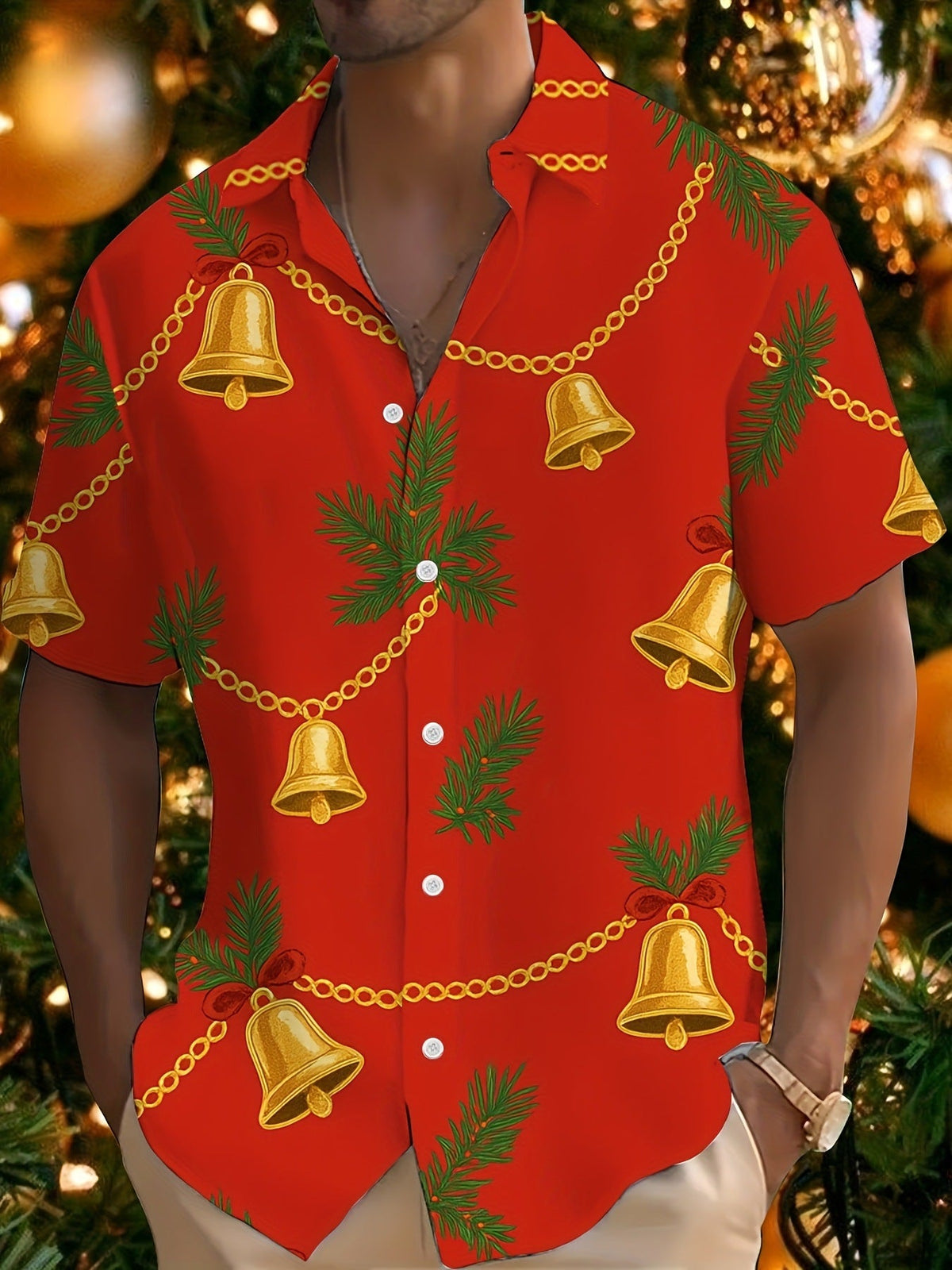 Bouke | Men's Pink Cartoon Print Short Sleeve Christmas Blouse