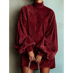 Wrenley | Women's Ribbed Lantern-Sleeve Mock Neck Mini Dress