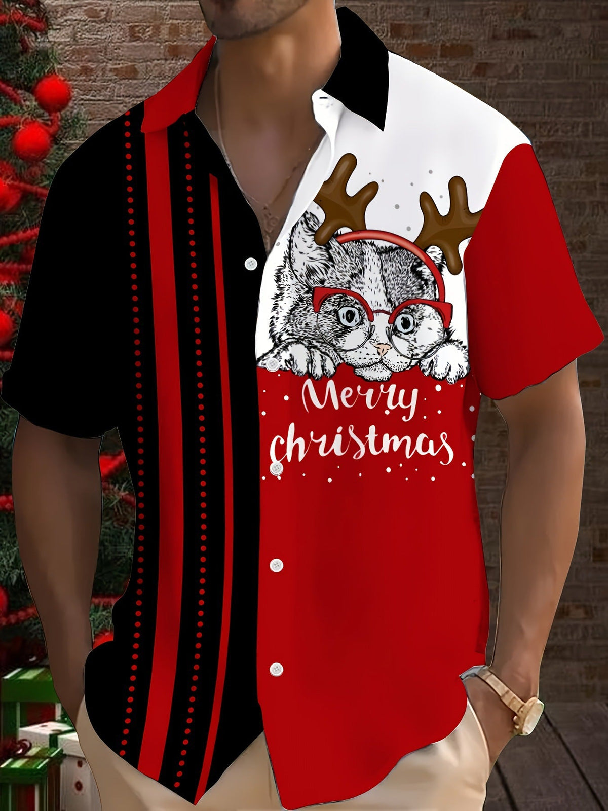 Bouke | Men's Pink Cartoon Print Short Sleeve Christmas Blouse