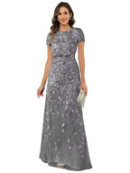 Fabiola | Women's Sequin Leaf Maxi Dress with Puff Sleeve