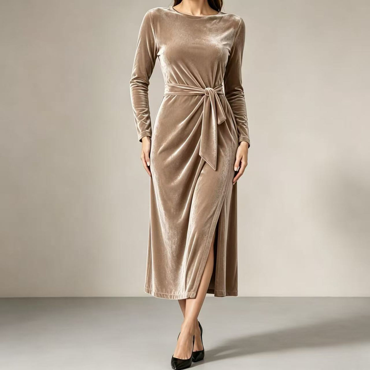 Bodine | Women's Belted Wrap Velvet-Look Maxi Dress