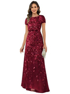 Fabiola | Women's Sequin Leaf Maxi Dress with Puff Sleeve