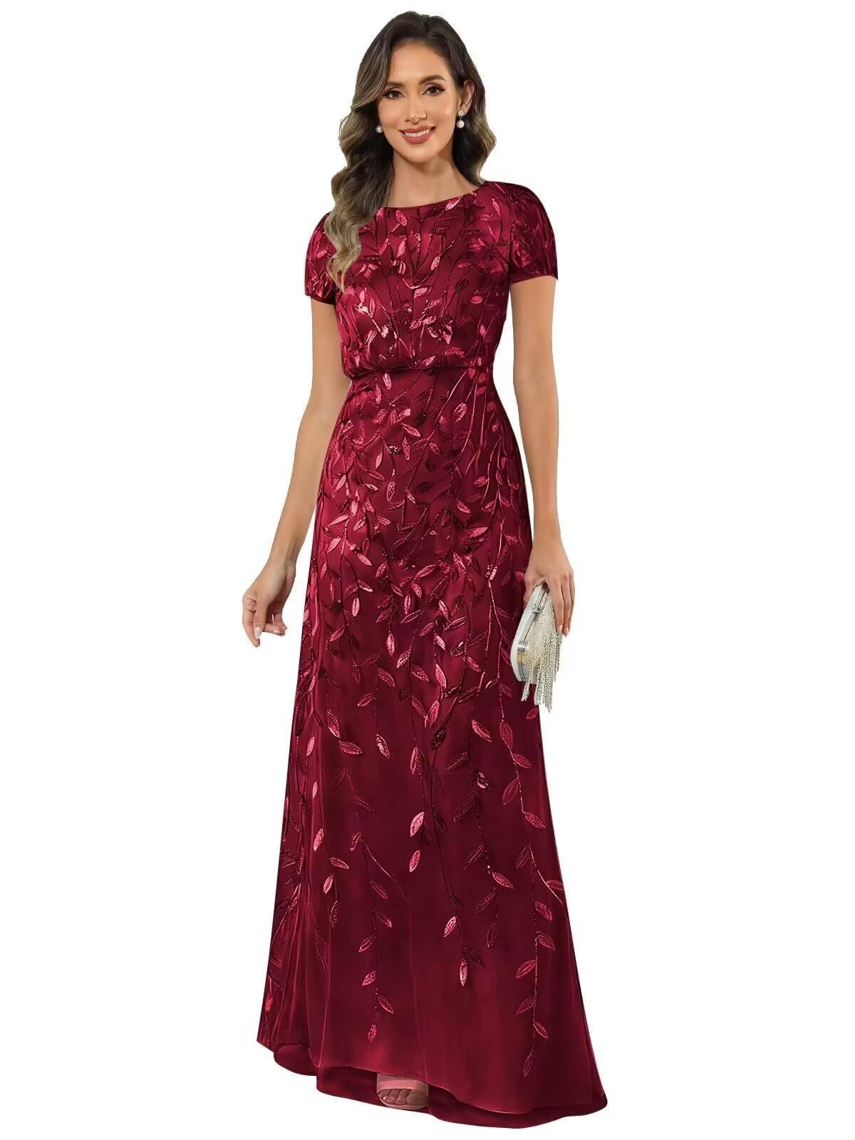 Fabiola | Women's Sequin Leaf Maxi Dress with Puff Sleeve