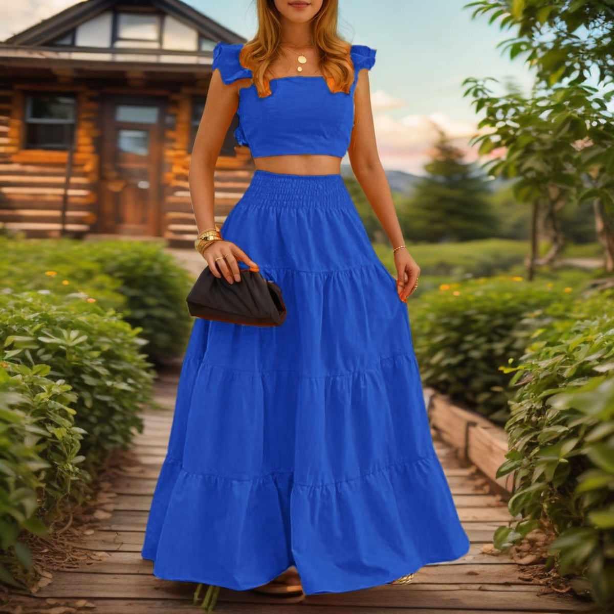 Lieske | Women's Tiered Ruffle-Strap Crop Top & Maxi Skirt Set