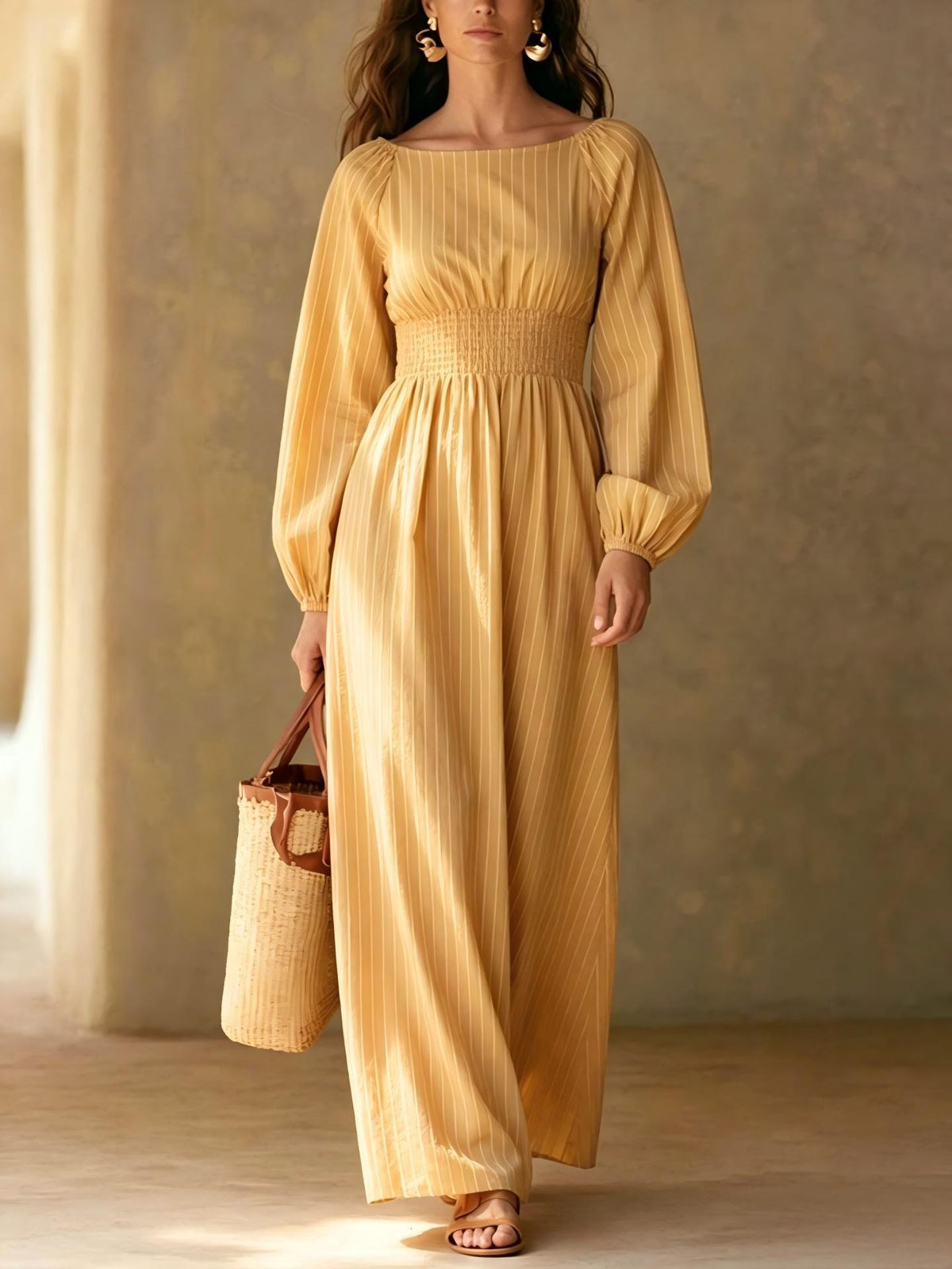 Lucienne | Women's Striped A-Line Puff-Sleeve Maxi Dress