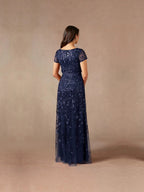 Fabiola | Women's Sequin Leaf Maxi Dress with Puff Sleeve