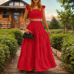 Lieske | Women's Tiered Ruffle-Strap Crop Top & Maxi Skirt Set